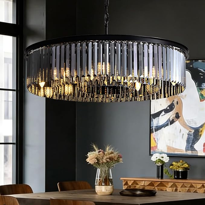 30-INCH Modern Crystal Chandelier Pendant Light for Dining Room,Hanging Pendant Light Fixture with 59" Adjustable Wire,Smoke Gray K9 Crystals, for Living Room,Kitchen Island, Entryway