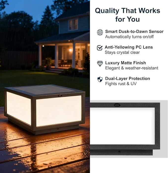 SkyGlow Solar Column Light, Stainless Steel LED IP55 Waterproof 10x10 Outdoor Pillar Lighting, Exterior Column Lamp Lanterns, Luxury Modern Post Cap Lights for Gate, Wall, Deck, Fence, Mail Box