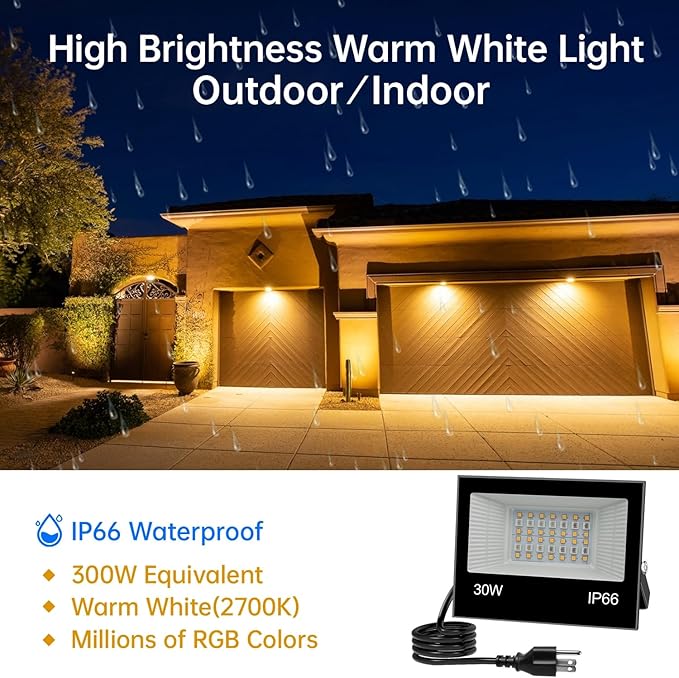 LED Flood Light Outdoor, 30W RGB Color Changing Smart Floodlights 2700K 3000LM Warm White & 16 Million Colors, RGBW Stage Lights with APP Control, 43 Modes, Grouping, Timing, IP66 Waterproof (2 Pack)