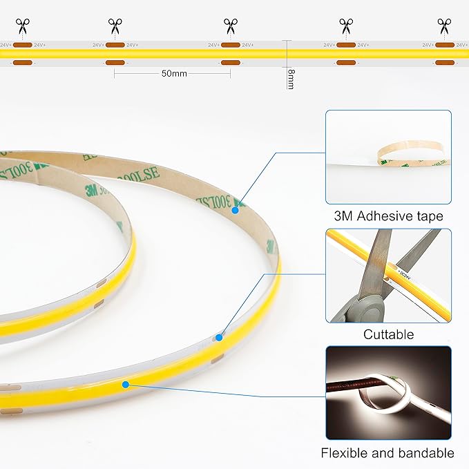 32.8ft COB LED Strip Light White, High Bright LED Strips with 320LEDs, RF Remote and UL Power Supply, 4000K Dimmable LED Lights for Bedroom,Kitchen, DIY Home Decoration, 2 Rolls of 16.4ft