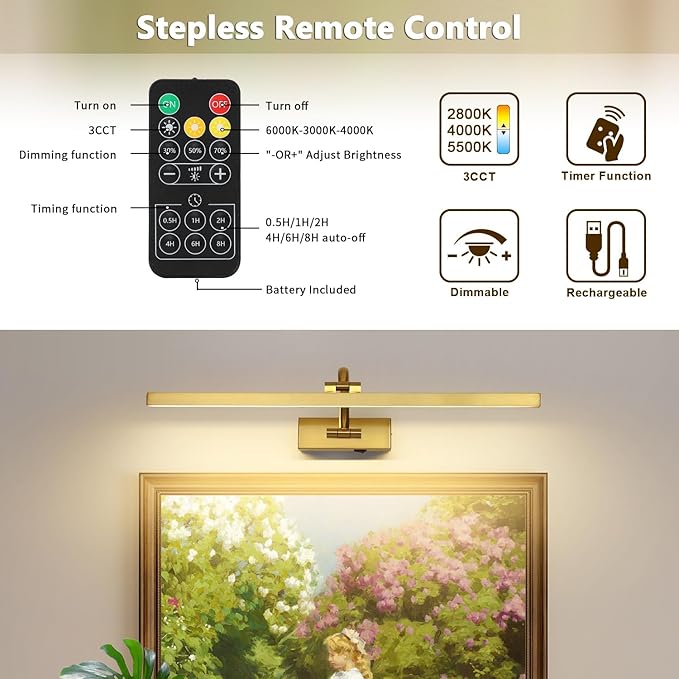 Wireless Picture Lights for Wall Battery Operated, Brass Art Lighting for Paintings Rechargeable Gallery Lights with Remote and Timer 3CCT Dimmable Painting Lights for Artwork Portrait 23.62 inch