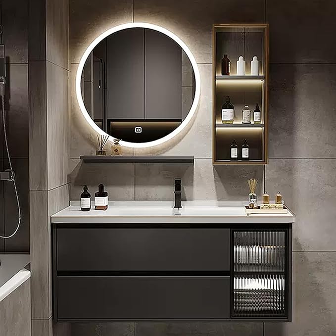 Floating Bathroom Vanity with Sink - LED Smart Defog Mirror | Ceramic Basin, Side Cabinets with Ambient Lighting, Modern Wood Bathroom Cabinet (32'')