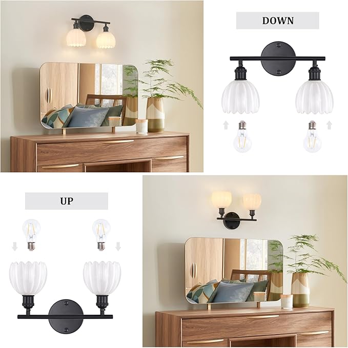 Bathroom Light Fixtures, 2-Light Black Vanity Wall Light Over Mirror with White Tulip Glass Shade for Bedroom Living Room (Bulb Not Included)