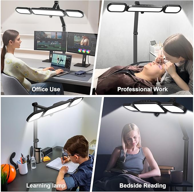 LED Desk Lamp with Clamp,Adjustable Swing Arm Desks Lamps for Home Office,Dimmable Tempering Eye Care Desk Light Bright Modern Led Table Lamp for Nail Tech Archite (3 Section Swing Arm)