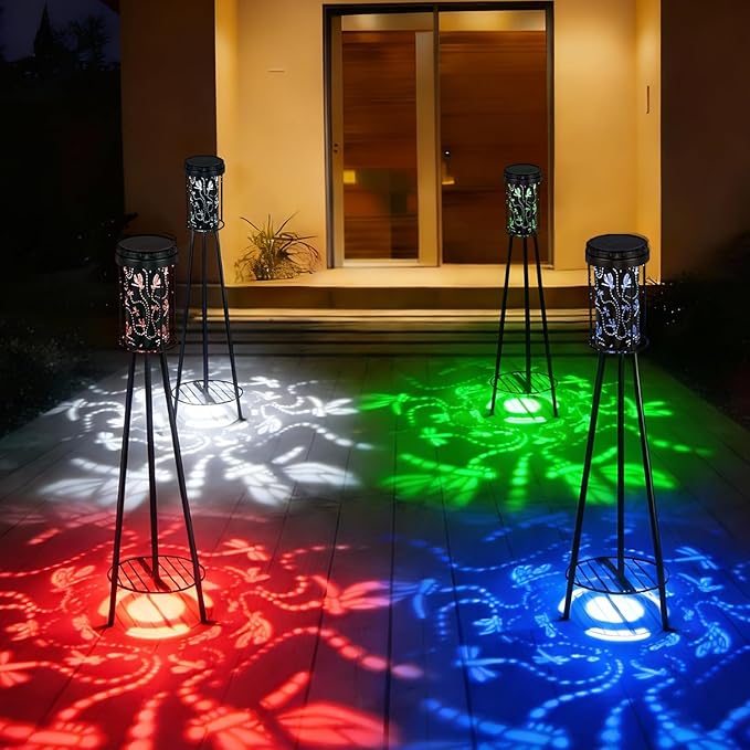 RGB Dragonfly Projection Solar Floor Lamps Outdoor, Metal Floor Light with Plant Stand,42.48" Decorative Waterproof Lighting for Garden,Patio,Porch,Yard,Deck,Black,2 Pack