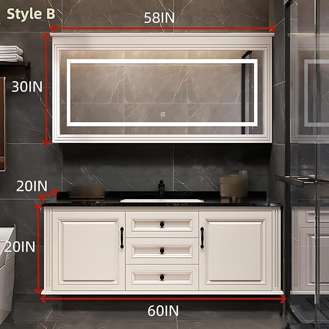 60IN Bathroom Vanity with Single Sink - Open Style Storage Shelves & Side Cabinets | Wall Mounted Bathroom Vanities Set, Time Display Mirror Cabinet Includes Defogging & Lighting Functions (Style B)