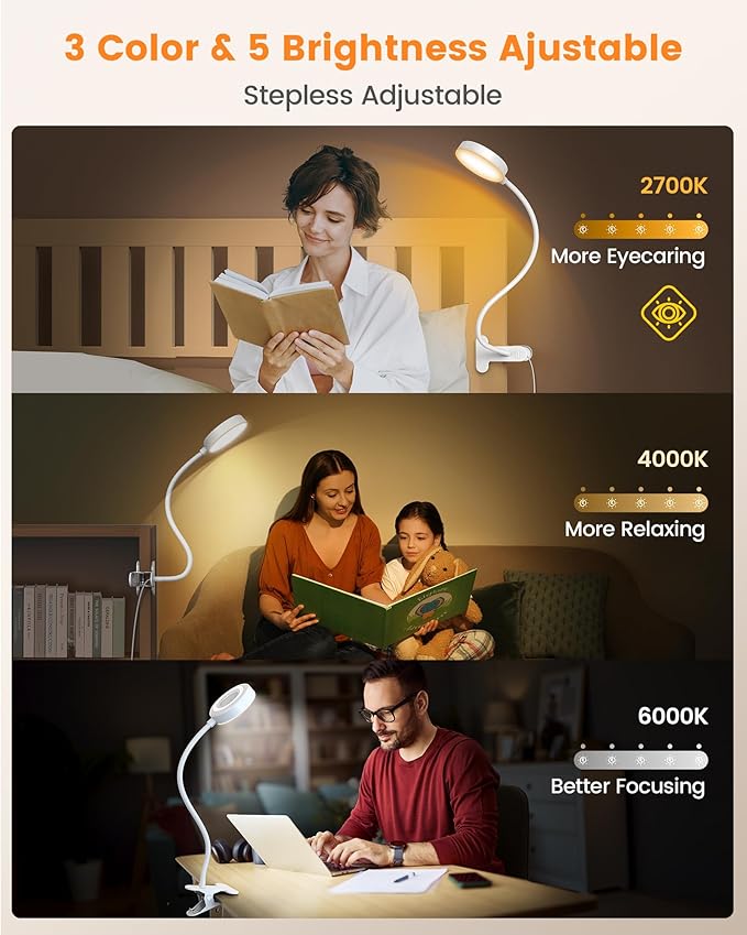 Glocusent Clip on Light, 72 LEDs Clip on Lamp with Amber Night Light, 3 Colors & 5 Brightness Bed Lamp, 30/60-Min Auto Off Timer, Perfect Eye Caring Reading Lamps for Bed/Bunk Bed/Headboard/Table/Desk