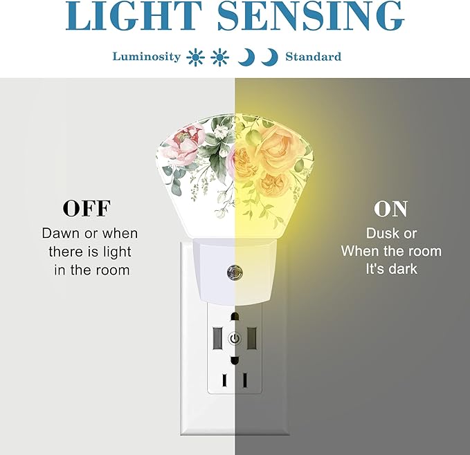 Watercolor Pink Flowers Night Light Plug into Wall, Pink Roses Night Light with Dusk to Dawn Sensor for Kid Girls Boys Women Men Room, Hallway, Kitchen, Bathroom, Stairs Decor