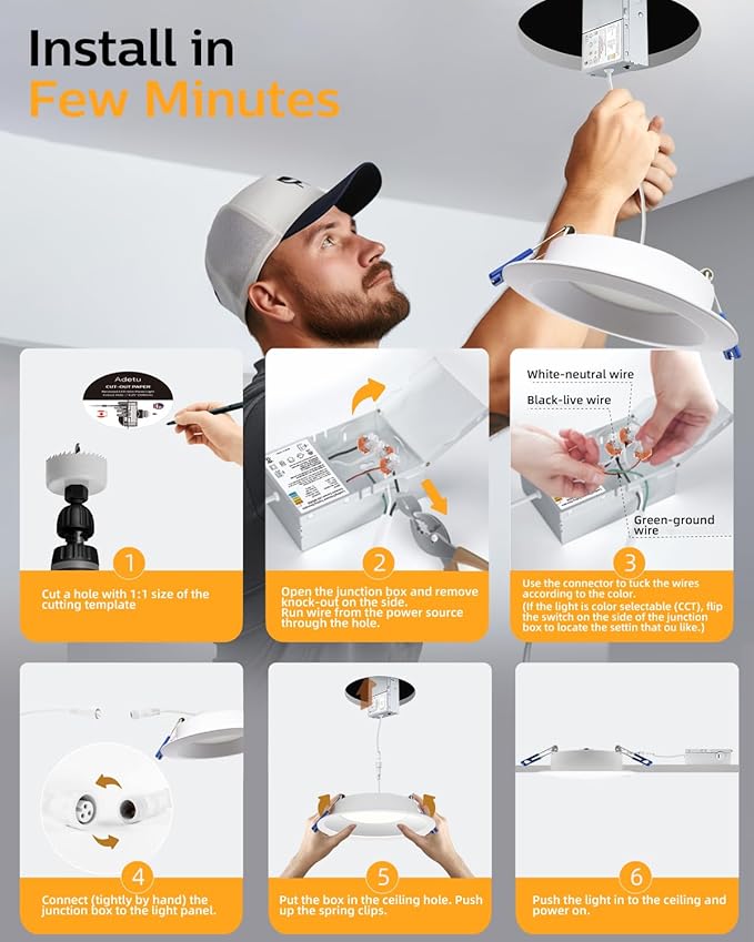 Adetu 4 Inch Anti-Glare LED Downlight,Dimmable Ceiling Light with 5CCT Reset,Selectable from 2700K to 5000K - 12W 1080LM, ETL Certified (White, 12 Pack Round)