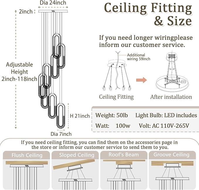 Modern Led Black Chandelier Adjustable 8 Rings Crystal Chandelier for Foyer Stairwell Crystal High Ceiling Pendant Light Dimmable 2700K-6000K