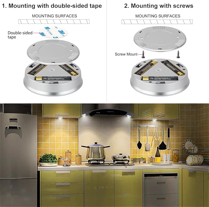 LUXSWAY LED Puck Lights, Battery Operated Tap Lights, Mini Night Touch Light, Stick On Light, Under Cabinet and Counter Lighting for Kitchen Sink, Shelf, 6-Pack, Silver