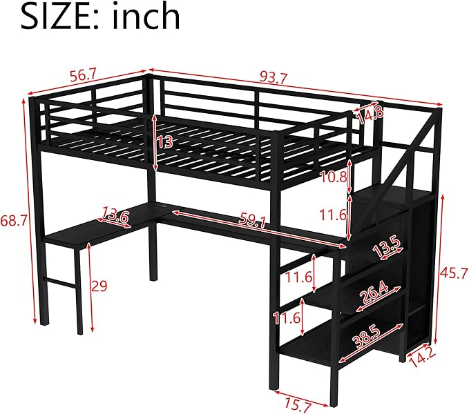 Bellemave Full Size Metal Loft Bed with L Shaped Desk and Wardrobe, Heavy Duty Loft Bed Frame with Storage Stairs, LED Loft Bed Frame with Charging Station & Safety Guard, Space Saving Loft Bed, Black