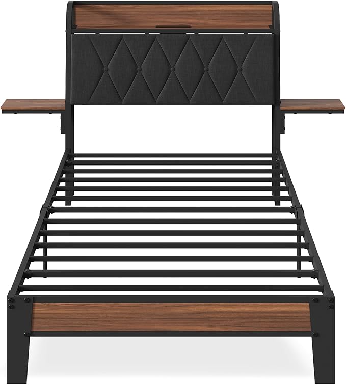 WLIVE Twin Bed Frames with Headboard, Upholstered Bed Frame with 2 Storage Shelves, Platform Bed with LED Lights and Charging Station, 600LBS Mattress Foundation, No Box Spring Needed, Black
