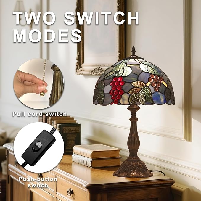 Stained Glass Table Lamp,12x12x19 Inch Antique Table Lamp for Tiffany Style Bedroom、Living Room、Home、Office Decor Lamp (Grape)