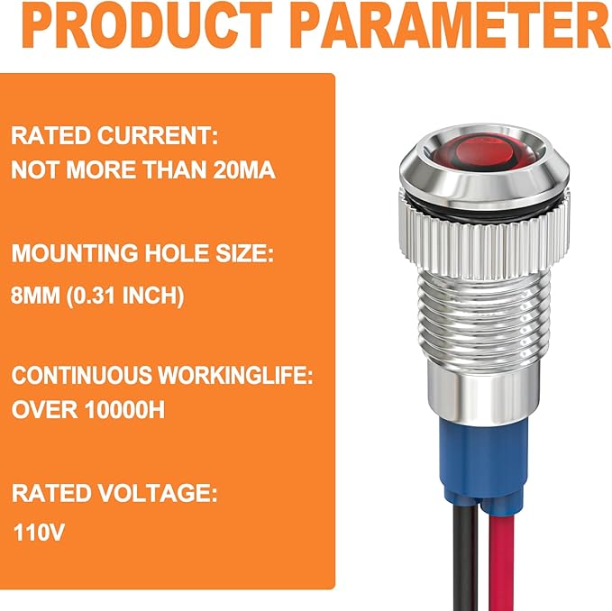 GASHER 5 PCS Energy Saving Indicator Light, LED Light 12V/24V/110V 20mA Panel Mount Light, Mounting Hole Size 8mm(5/16inch) Red LED (110V)
