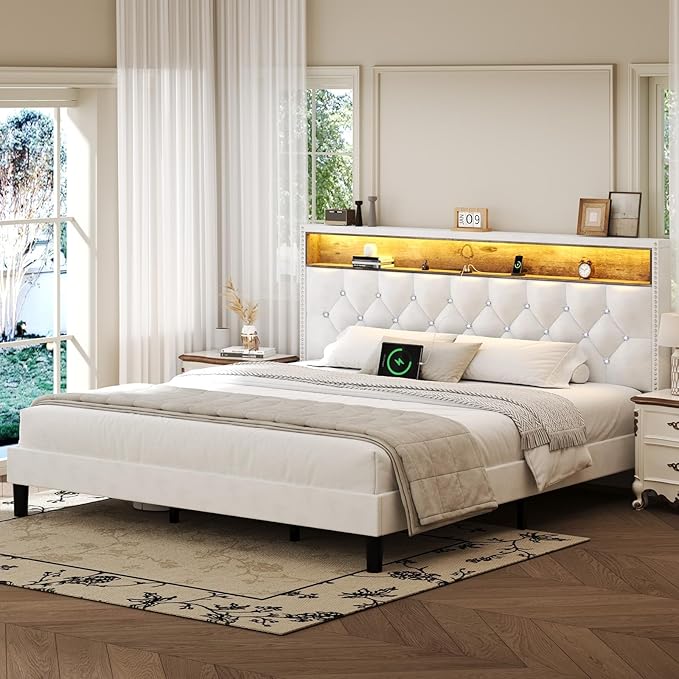 HOMBCK King Size Bed Frame with LED Lights and Storage Headboard, Velvet Upholstered Bed Frame King with Charging Station, Modern Diamond and Rivet Design, No Box Spring Needed, Easy Assembly, Beige