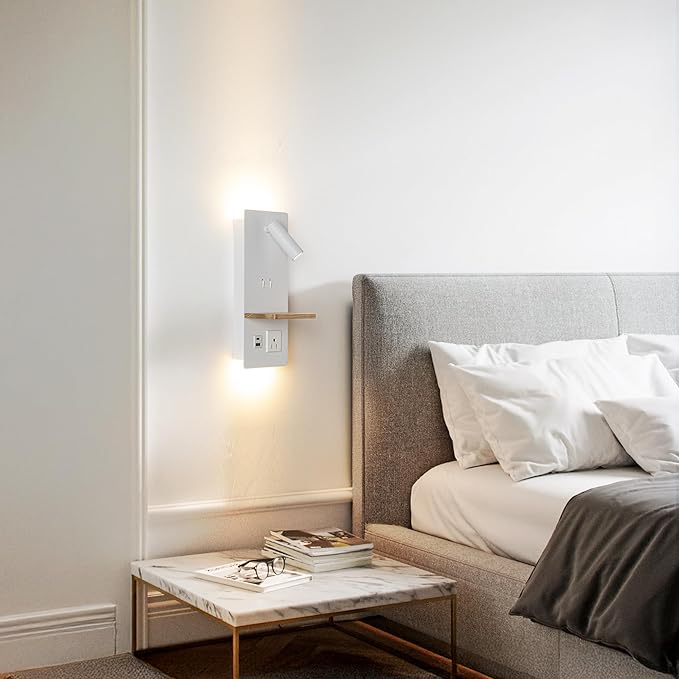 Swing LED Wall Sconce Plug in Cord for Bedroom, Modern 3-Light Wall Light Fixture with Shelf, Charging Port and Scoket for Living Room Reading Bedside, Modern Night Light Wall Decor, White