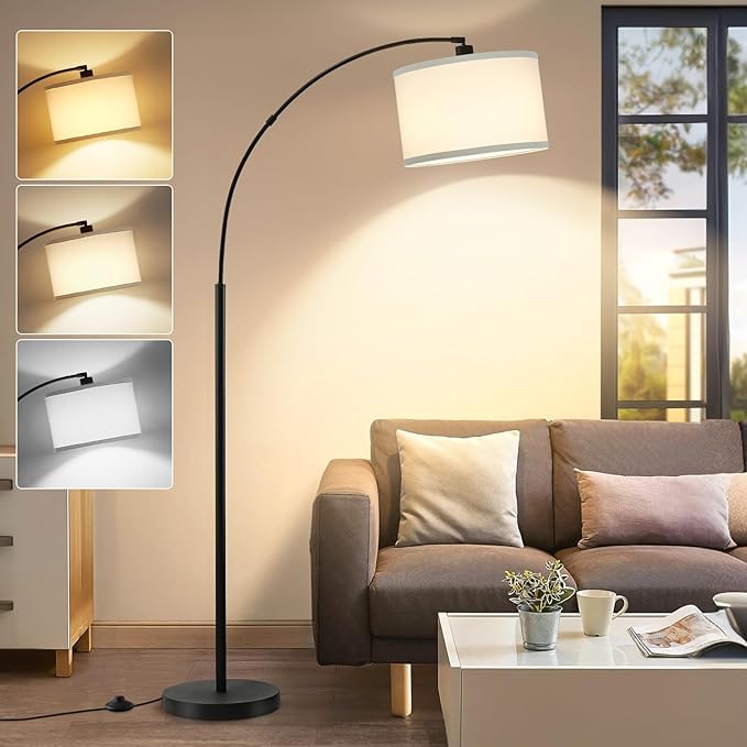 Luvkczc 71" Arc Floor Lamp for Living Room with Adjustable Lamp Head, Black Pole Lamp with White Shade, Standing Lamp with Foot Switch, Over Couch Arched Reading Light for Bedroom, Office, Study Room