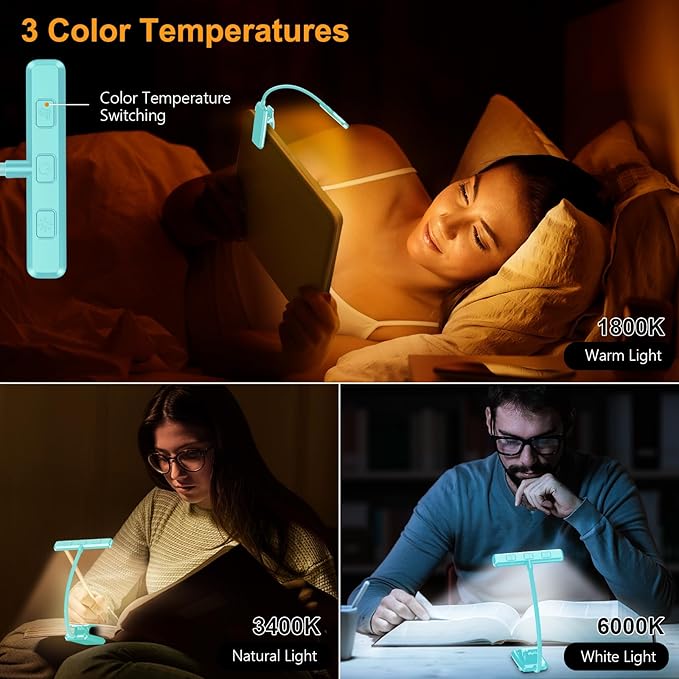 Gritin 19 LED Rechargeable Book Light for Reading in Bed with Memory Function- Eye Caring 3 Color Temperatures,Stepless Dimming Brightness,80 Hrs Runtime Clip on Light for Book Lovers-Blue