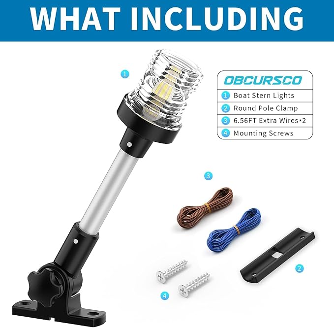 Obcursco Boat Stern Lights, 2NM 360° LED Anchor Light, IP67 Waterproof Bimini Top Lighting, Fold-Down White Navigation Lighting for Pontoon, Marine, Yacht, and Fishing Boats(9'' Vertical Swing)