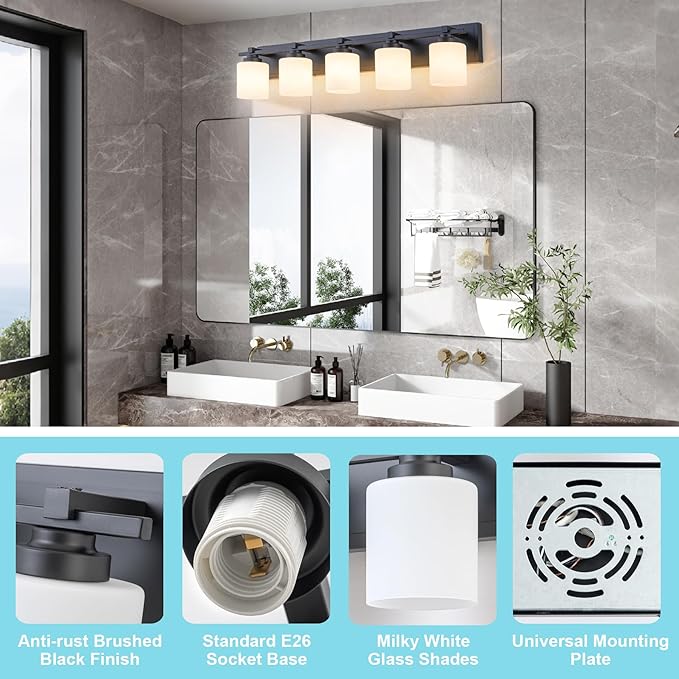 5 Light Modern Bathroom Light Fixtures Over Mirror, Black Vanity Lights for Bathroom Wall Sconces with Milky White Glass Shades, E26 Socket (Bulbs Not Included)