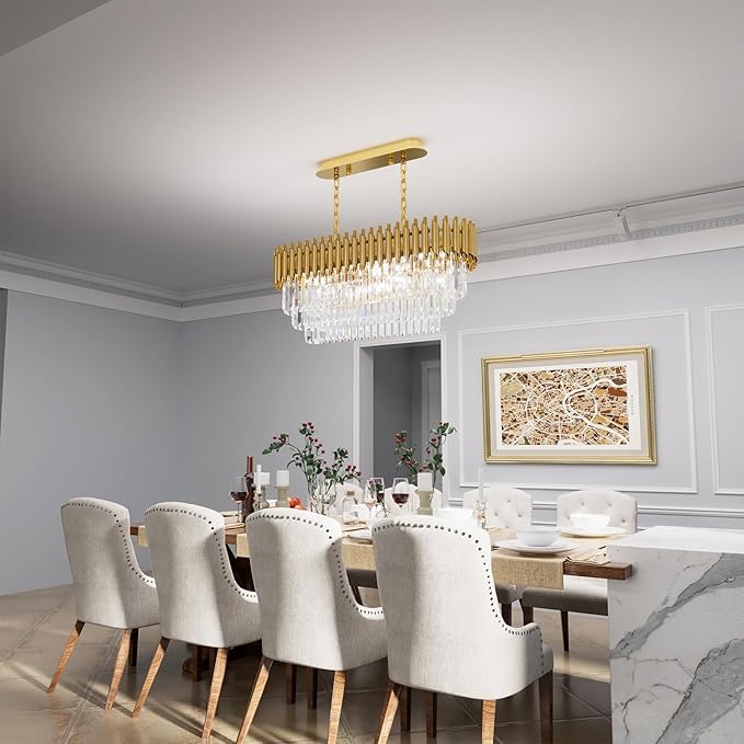 31.5" 8-Light Modern Gold Crystal Chandelier, Luxury Rectangular Raindrop Pendant Light Fixture for Dining Room, Kitchen Island, Living Room, Farmhouse Ceiling Lighting