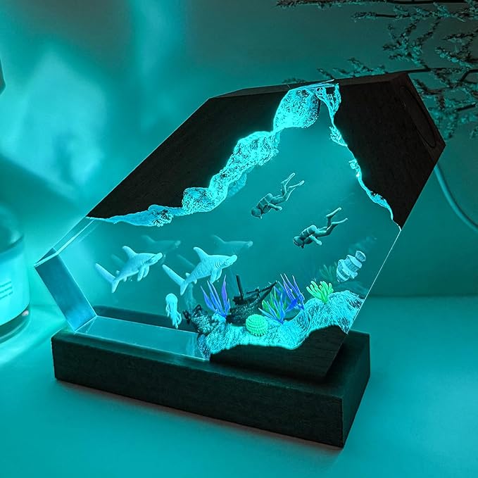 Hammerhead Shark Ocean Resin Lamp, Handmade Resin Night Light for Home Office Decor, Multi-Color LED Light with USB Port, Shark Gifts for Birthday Holiday, Valentine's Day Gifts for Him Kids (6"x4")