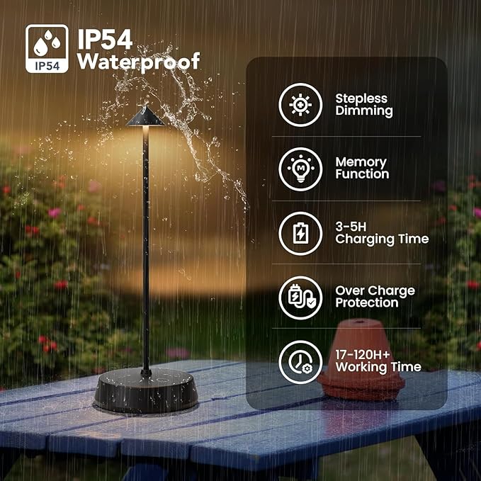 Cordless Table Lamp Rechargeable LED Battery Operated 6000mAh Touch Dimmable Small Lamp Outdoor Waterproof Portable Wireless Desk Light for Dining Restaurant Bar Indoor/Outdoor Use (Black-2PC)