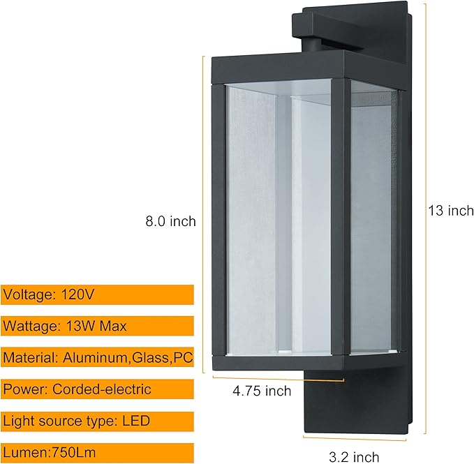 Outdoor Wall Lantern LED Front Porch Light for Garage House IP54 Waterproof Exterior Light Fixture Wall Mount Sconce with Glass,13W 750LM