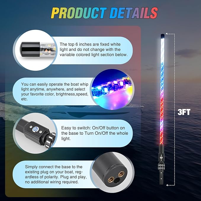 Nilight Boat Navigation Whip Light 3FT 360° Visibility 2NM Coast Guard Compliant 400+ Patterns with Remote Plug-in Base LED Spiral Boats Stern Lights for Night Fishing, Yacht, Pontoon Accessories