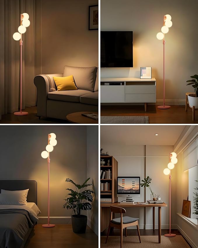 Lightdot 64IN Dimmable (Brightness Adjustable) Globe Floor Lamp, Pink Standing Lamps with 4PCS 3000K G9 Bulbs Soft Warm White Eye Care, Mid Century Modern Floor Lamp for Living Room