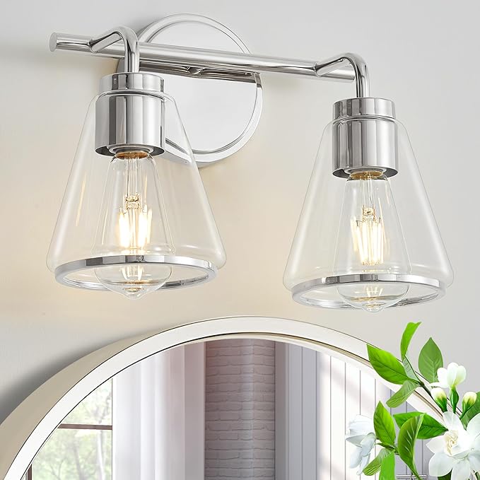 Bathroom Light Fixtures Over Mirror Polished Nickel Vanity Light 2-Lights Bathroom Vanity Lights with Clear Glass Shade 14 inch Vanity Lighting Fixtures Modern Wall Sconces Bath Light