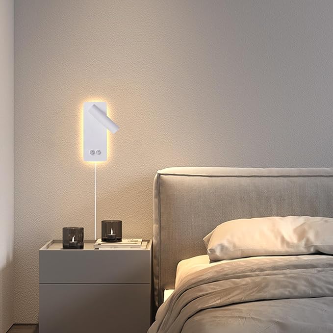 Dimmable Wall Lamps Wall Mounted Reading Lights for Book at Night, Plug in Hardwire 2 in 1 Sconces, 6W Night Light & 3W Headboard Lights, Adjustable Wall Sconces for Study Bedside Closet Dorm (White)