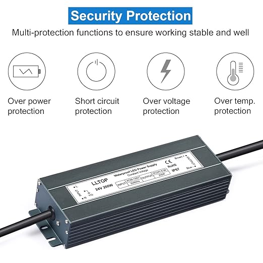LED Power Supply 24V 8.3A 200W LED Driver AC90-130V to 24VDC Converter Low Voltage Transformer Waterproof for Indoor Outdoor LED Lighting