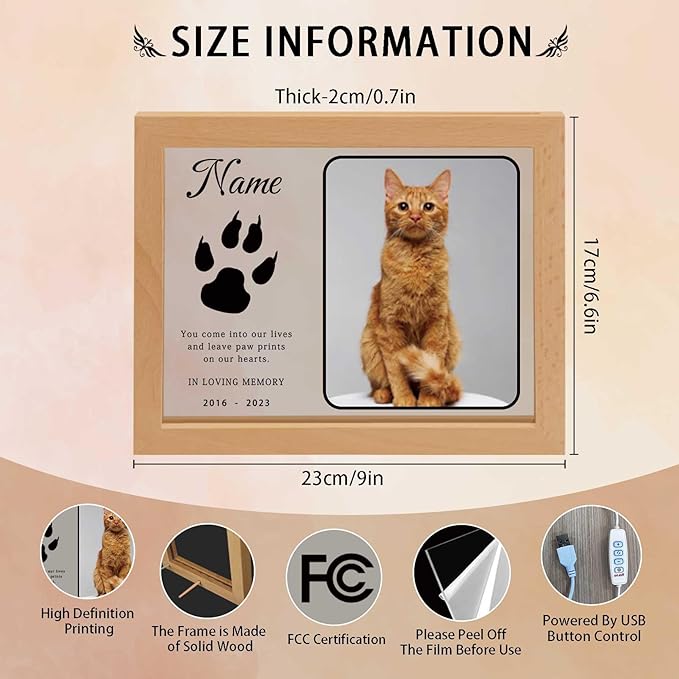 Personalized Pet Night Light Customized Dog Memorial Gift with Picture Name Date Light Up Acrylic Plaque Cat Sympathy Remembrance Gift(H-Cat Paw)