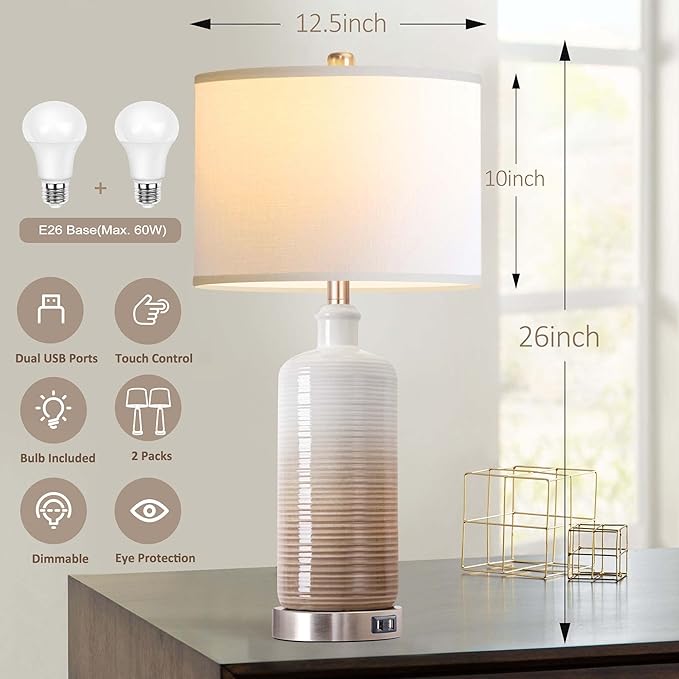 Ceramic Table Lamps Set of 2 with Dual USB Charging Ports, 3-way Dimmable Touch Control Bedside Lamps for Bedroom Living Room, Contemporary Nightstand Lamps with White Linen Drum Shade Bulbs Included