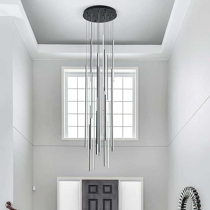 138" Modern LED Chandelier, Clustered Led Pendant Light, 20-Lights Dimmable High Ceiling Large Hanging Lighting Fixture for Loft Villa Living Room Stairs Foyer (Black-110W-20 Lights)