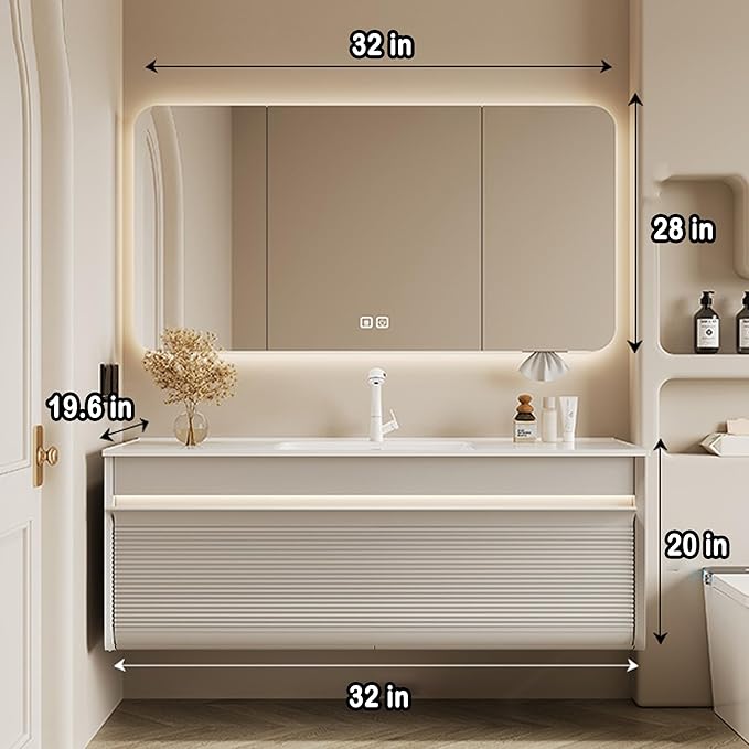 32IN Floating Bathroom Vanity - Modern Freestanding Bathroom Vanity Set with Ambient Light Intelligent Mirror Cabinet & Large Capacity Storage | Bathroom Sink Cabinet with Intelligent Defogging