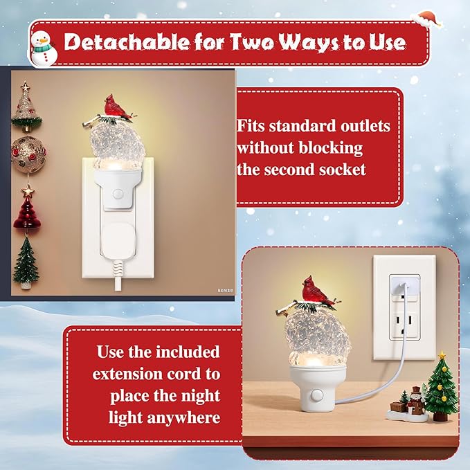 Christmas Night Light Plug into Wall Glitter Water Nightlight with USB/Outlet Options, Christmas Cardinal and Pinecone Decorative Nightlight for Bedroom Holiday Decorations (Cardinal and Pinecone)
