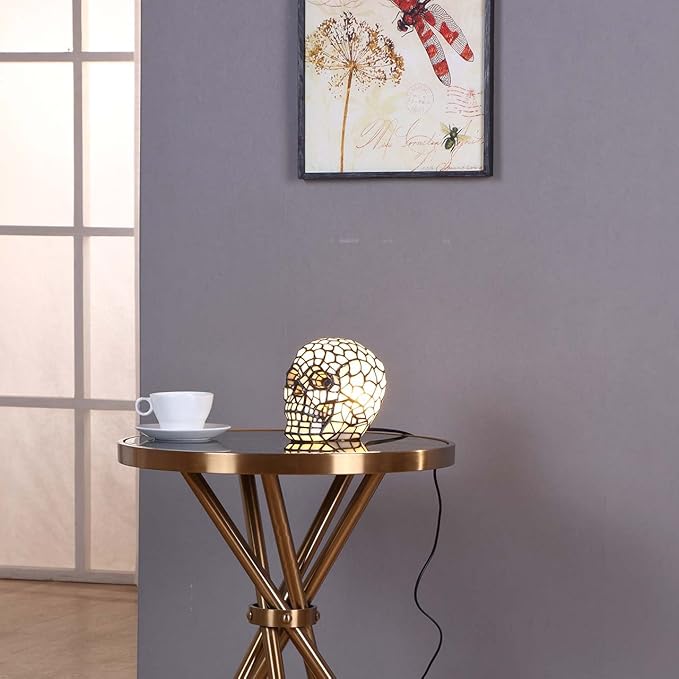 Bieye L10649 Skull Tiffany Style Stained Glass Accent Table Lamp Night Light for Halloween Decor Skull Lovers, White