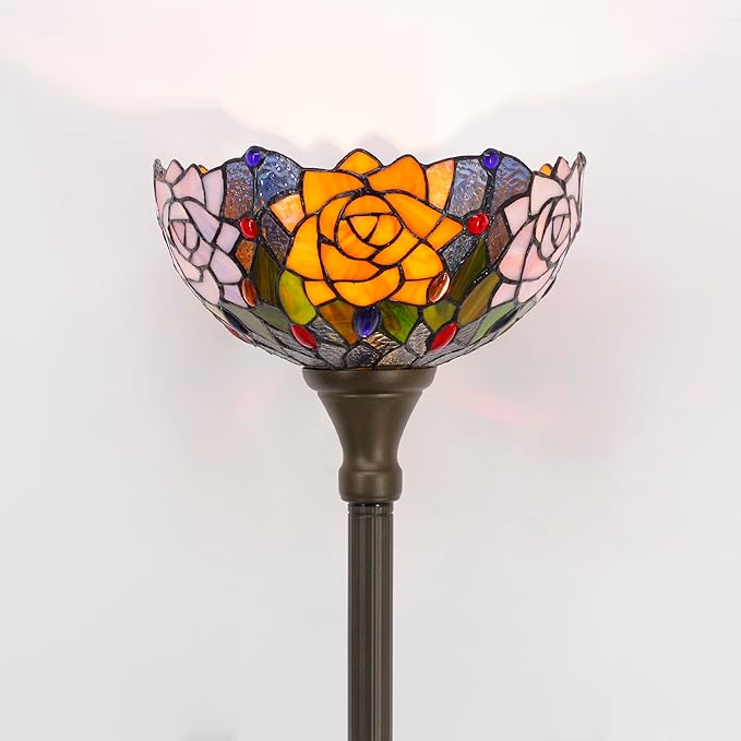 Tiffany Torchiere Floor Lamp Stained Glass Orange Red Rose Flower Style Standing Corner Torch Uplight 12X12X72 Inch for Bedroom Living Room Home Office