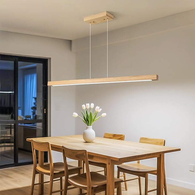 Modern Wooden Pendant Light, 47IN White Ash Wood Chandelier with Remote Control 3000k-6500K Adjustable Color Temperature，Aluminum Island Lighting Lamp for Dining Room, Living Room A