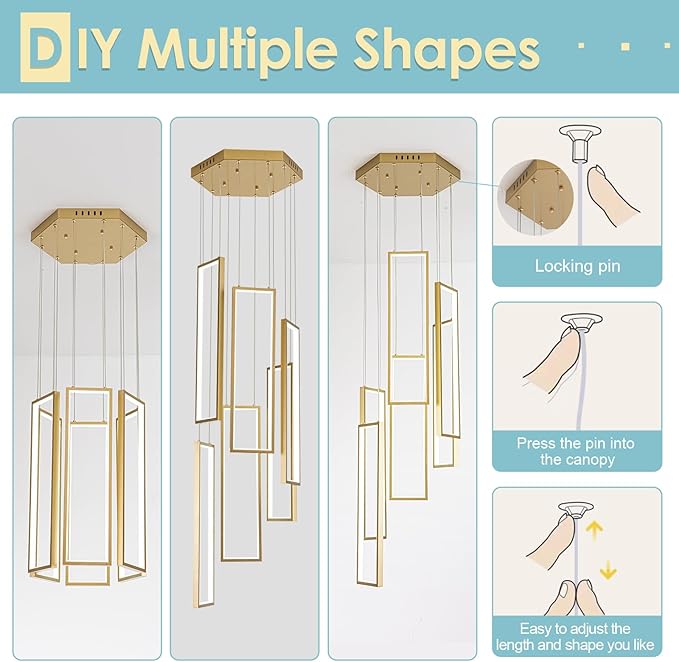CHYING Gold Modern LED Staircase Chandelier, 6 Light 96W 6000K Cool White Long Chandelier for High Ceilings, Hanging Adjustable Pendant Light for Foyer Entryway Living Room