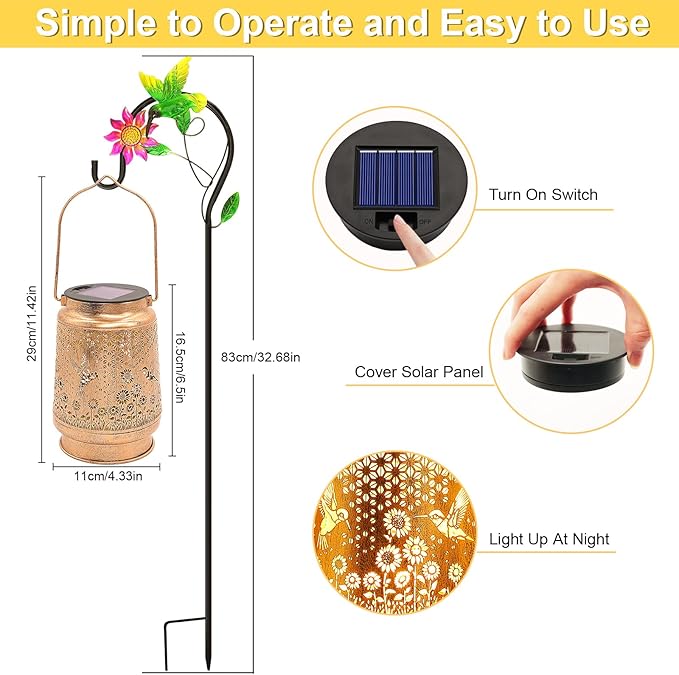 Hummingbird Solar Lanterns Outdoor Garden Decor, Christmas Gifts for Women Mom Grandma, Hanging Metal Solar Lights Waterproof LED Decoration with Shepherd Hook Outside for Yard Patio Lawn Porch