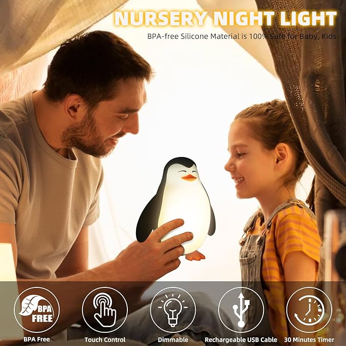 Tcamp Cute Penguin Night Light for Kids, 3 Level Dimmable Nursery Nightlight Lamp, Cute Silicone Squishy Lighted Penguin Tap Light, Rechargeable Bedside Touch Lamp for Toddler Baby