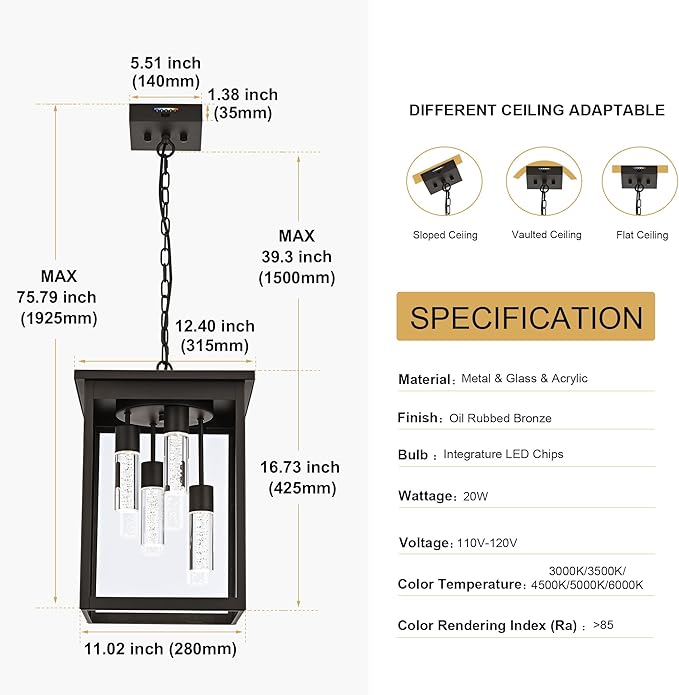 TODOLUZ LED 5CCT 4-Light Large Outdoor Pendant Light Fixtures in Oil Rubbed Bronze, Adjustable Height Porch Hanging Lighting for Yard Entryway Patio, Exterior Ceiling Lantern LED Chips Included