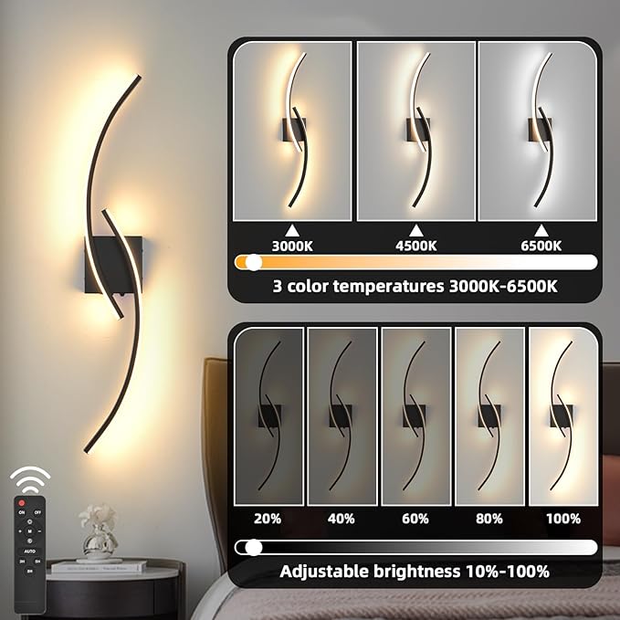 Battery Operated Wall Sconce Set of 2, 3000K-6000K LED Dimmable Battery Wall Sconces with Remote Control, USB Rechargeable 31.4" Black Wireless Wall Lights for Living Room, Bedroom, Staircases