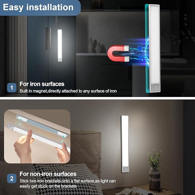 6 Pack Motion Sensor Cabinet Light,63-LED USB Rechargeable Under Counter Closet Lighting,Magnetic Motion Activated Light Bar for Kitchen Bedroom Staircase Cabinet Closet(12 inch,White)