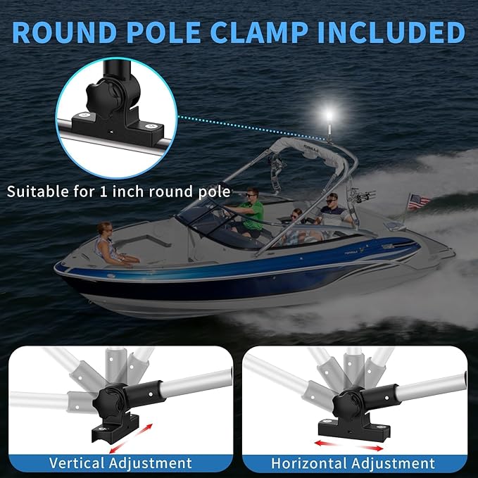 Obcursco Boat Stern Lights, 2NM 360° LED Anchor Light, IP67 Waterproof Bimini Top Lighting, Fold-Down White Navigation Lighting for Pontoon, Marine, Yacht, and Fishing Boats(9'' Vertical Swing)