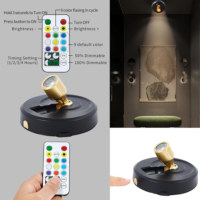Battery Operated Spotlight, Wireless Picture Lights with Color Changing, LED Puck Light, Dimmable & Timer Accent Light with Remote, Stick on Display Lighting for Portrait Dartboard Painting Gallery